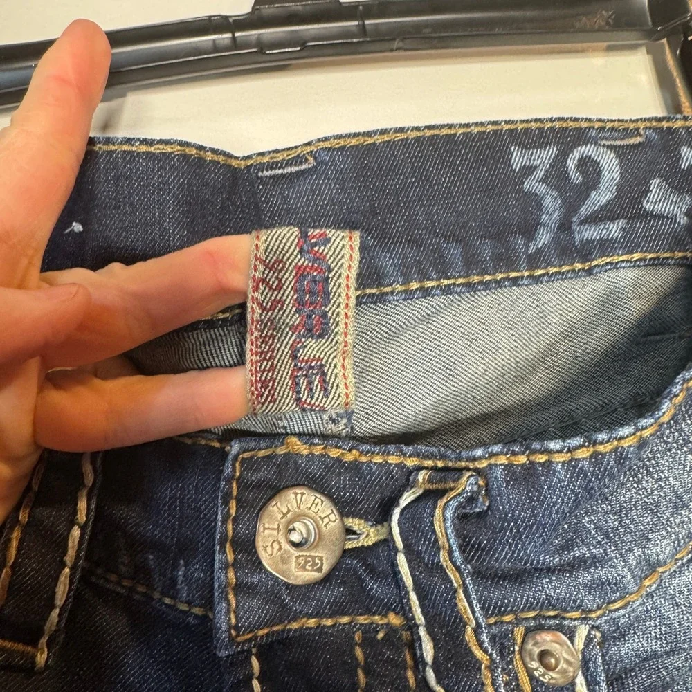 Silver 925 Series Jeans Mens 32x34 Actual L33 Thick Stitch Dark Wash Distressed‎